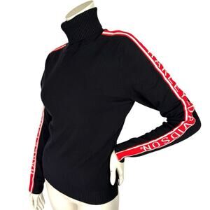 Harley Davidson Black Turtleneck Sweater Womens L Large Red Spellout Logo Sleeve